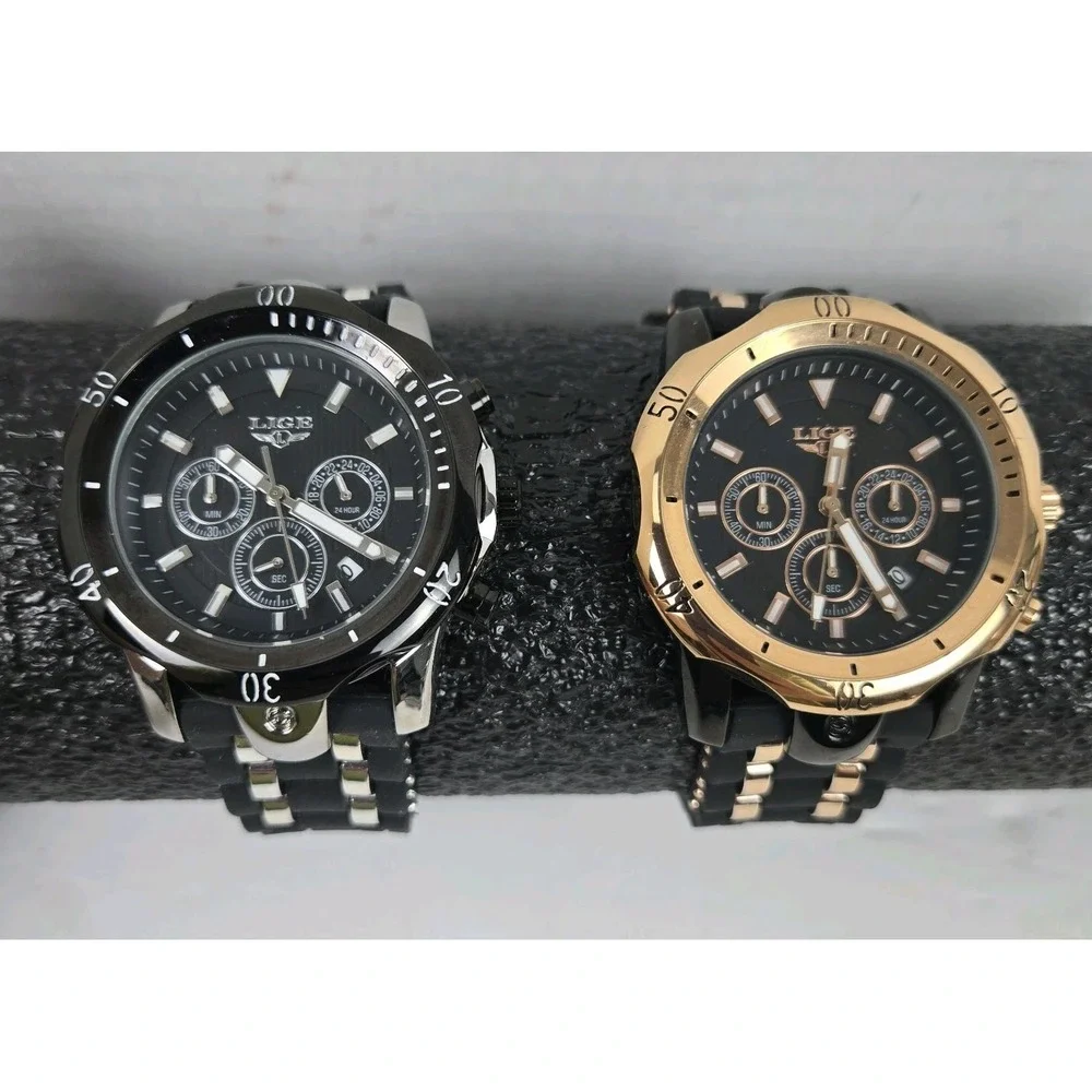 Lot of 2 LIGE Dream Quartz Chronograph Men's Watches w Black Silicon Bands VIDEO
